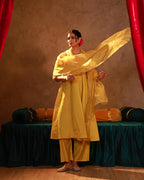 Juniper Yellow Viscose Flared Kurta Pant And Dupatta Set With Zari, Sequin & Lace Work | Grocsy