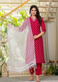 Juniper Fuchsia Solid Man Made Fiber Kurta, Pant & Dupatta Set With Thread Work | Grocsy