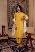 Juniper Mustard Solid Man Made Fiber Kurta, Pant & Dupatta Set With Thread Work | Grocsy