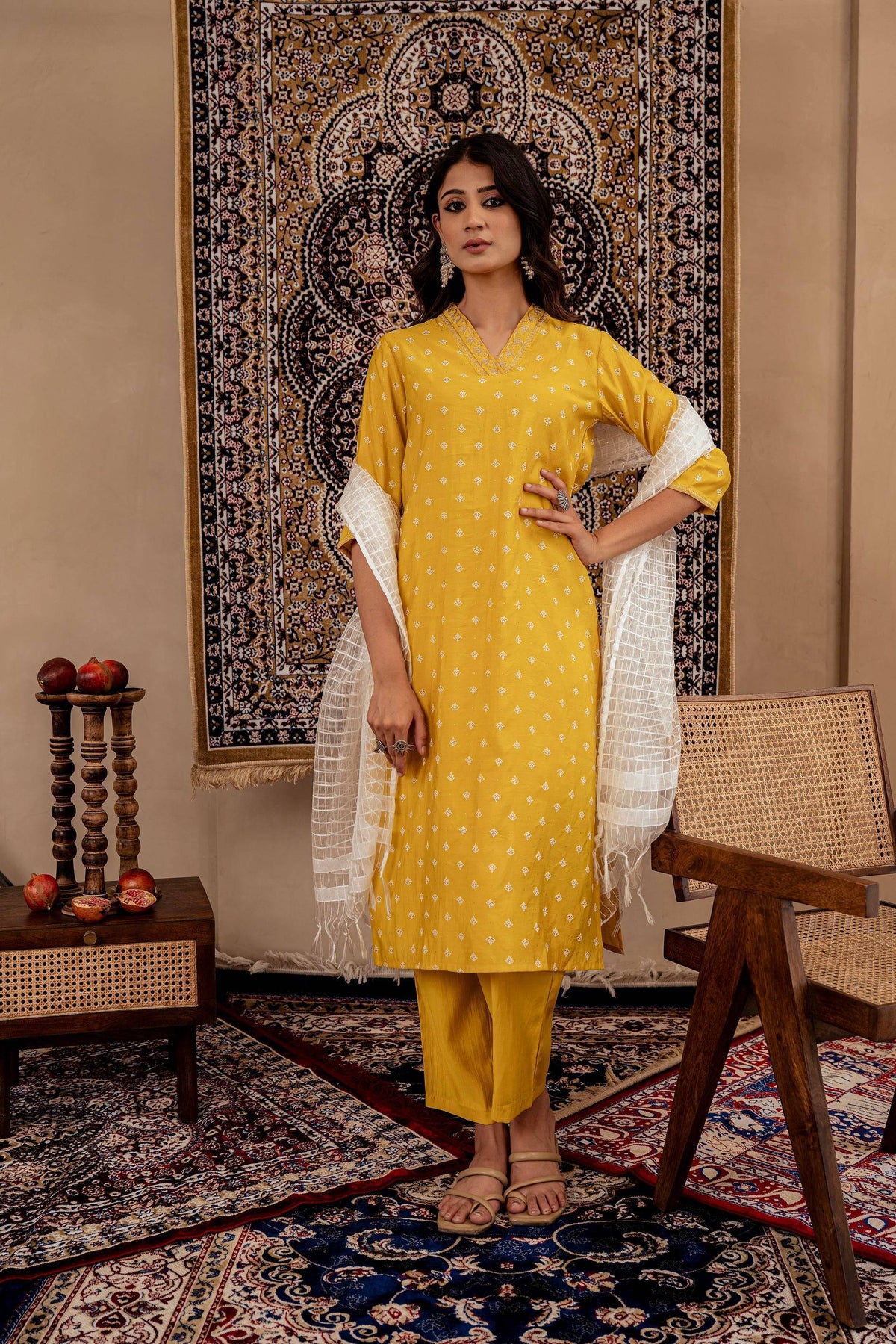 Juniper Mustard Solid Man Made Fiber Kurta, Pant & Dupatta Set With Thread Work | Grocsy