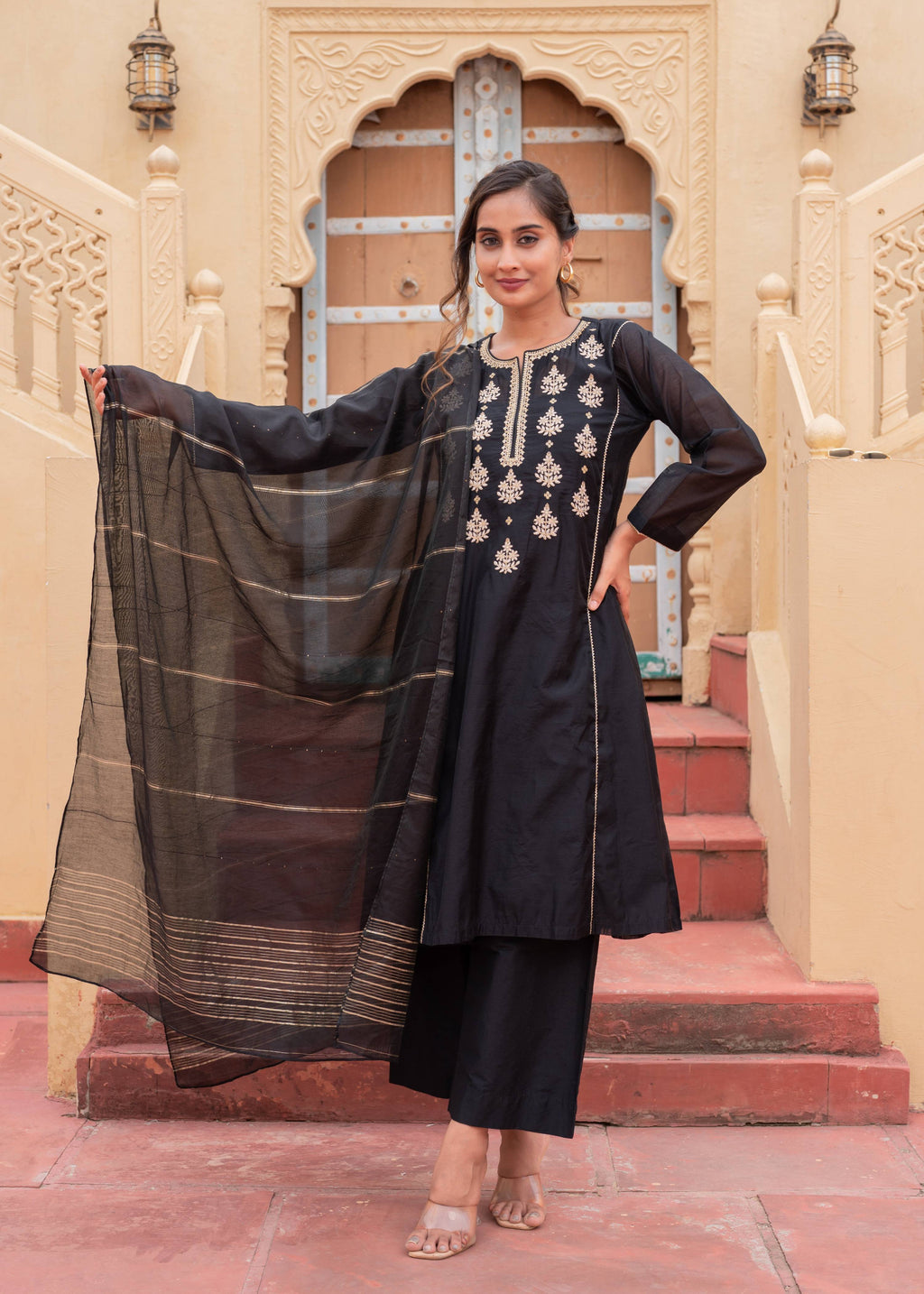Juniper Man Made Fiber Black Embroidered Kurta Pant And Dupatta Set With Zari Work And Sequin | Grocsy