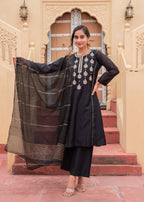 Juniper Man Made Fiber Black Embroidered Kurta Pant And Dupatta Set With Zari Work And Sequin | Grocsy