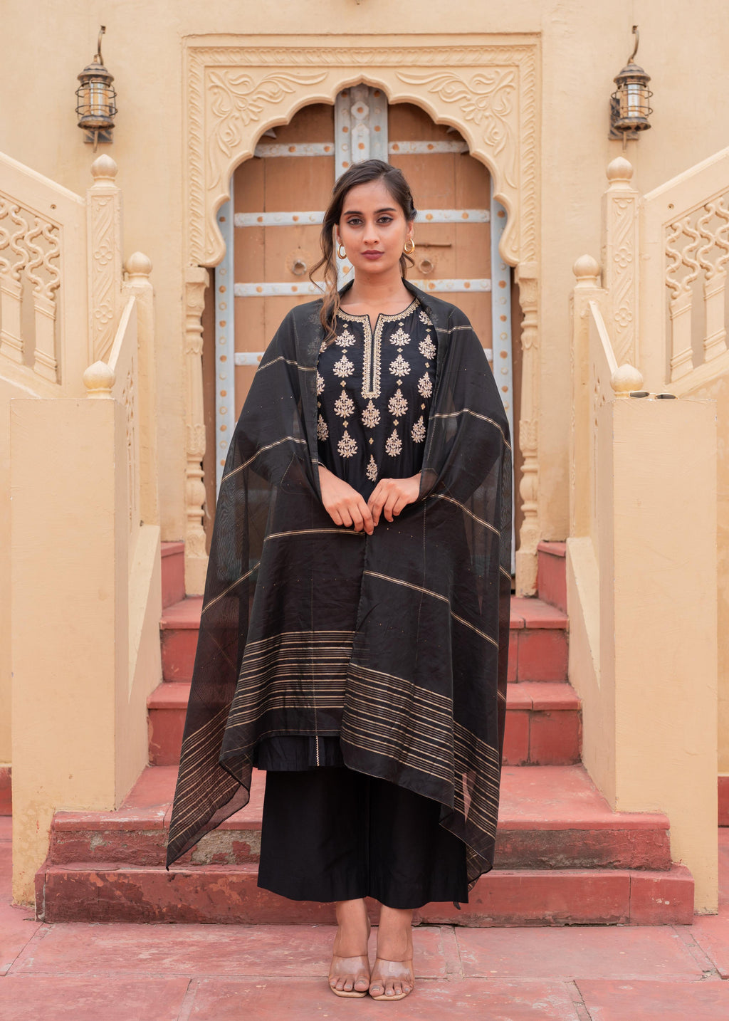 Juniper Man Made Fiber Black Embroidered Kurta Pant And Dupatta Set With Zari Work And Sequin | Grocsy