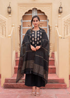 Juniper Man Made Fiber Black Embroidered Kurta Pant And Dupatta Set With Zari Work And Sequin | Grocsy