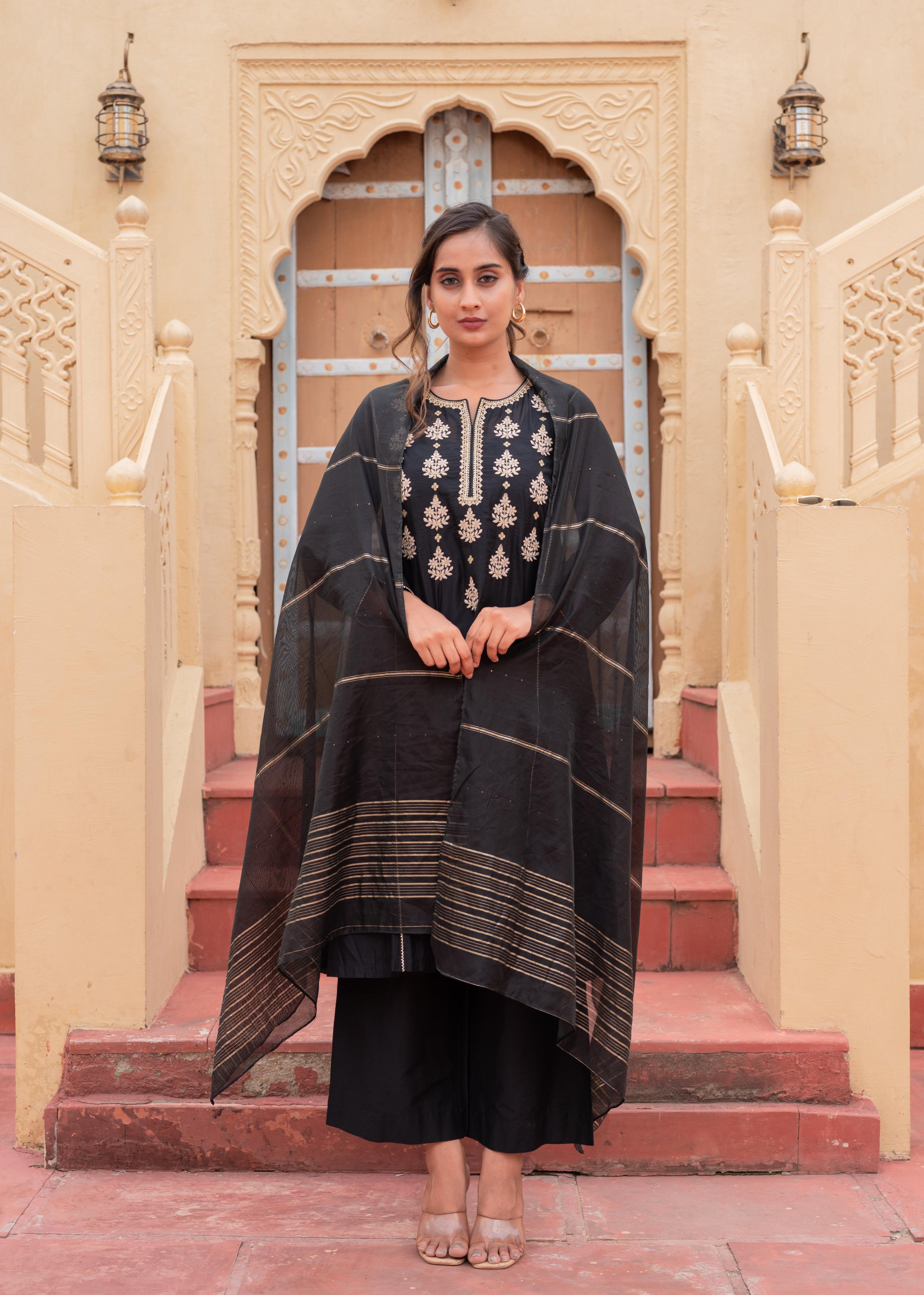 Juniper Man Made Fiber Black Embroidered Kurta Pant And Dupatta Set With Zari Work And Sequin | Grocsy