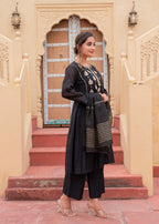 Juniper Man Made Fiber Black Embroidered Kurta Pant And Dupatta Set With Zari Work And Sequin | Grocsy