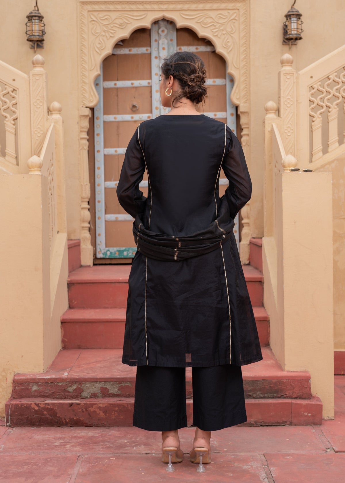 Juniper Man Made Fiber Black Embroidered Kurta Pant And Dupatta Set With Zari Work And Sequin | Grocsy
