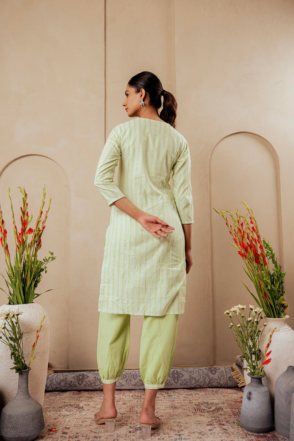 Juniper Sage Green Kurta Set With Subtle Thread Embroidery | Grocsy