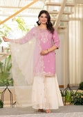 Juniper Pastel Pink Embroidered Kurta Set With Ivory Sharara And Dupatta | Grocsy