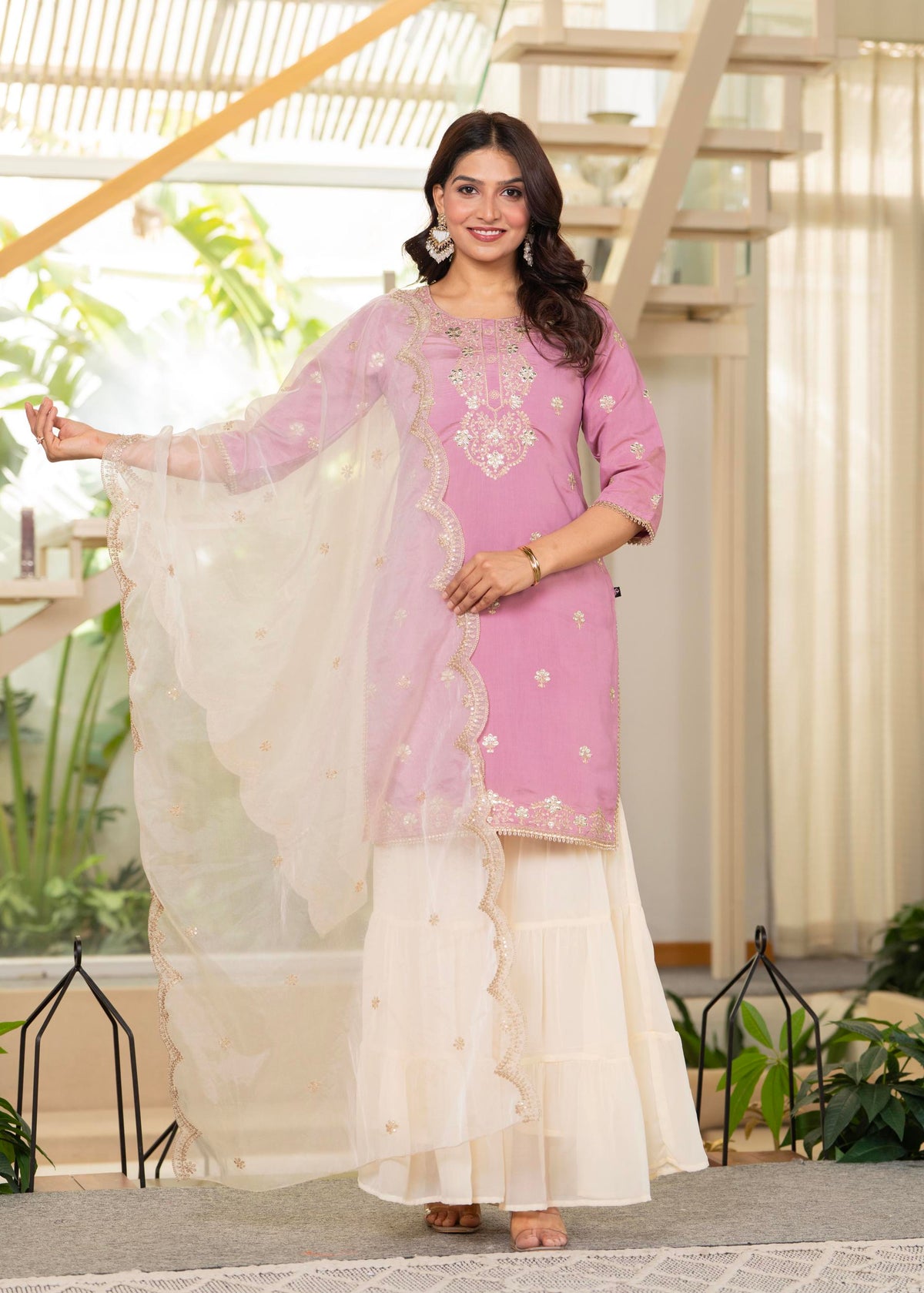 Juniper Pastel Pink Embroidered Kurta Set With Ivory Sharara And Dupatta | Grocsy