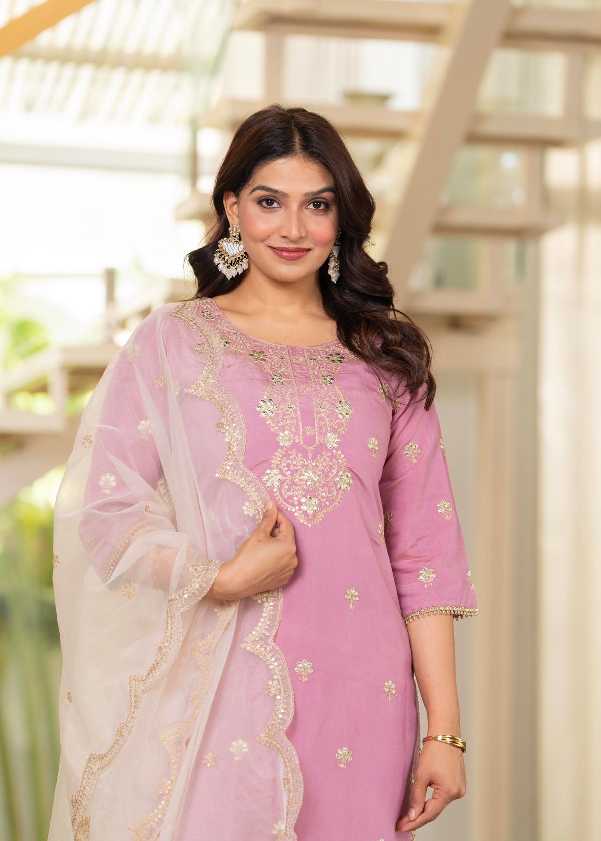 Juniper Pastel Pink Embroidered Kurta Set With Ivory Sharara And Dupatta | Grocsy