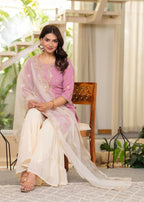 Juniper Pastel Pink Embroidered Kurta Set With Ivory Sharara And Dupatta | Grocsy