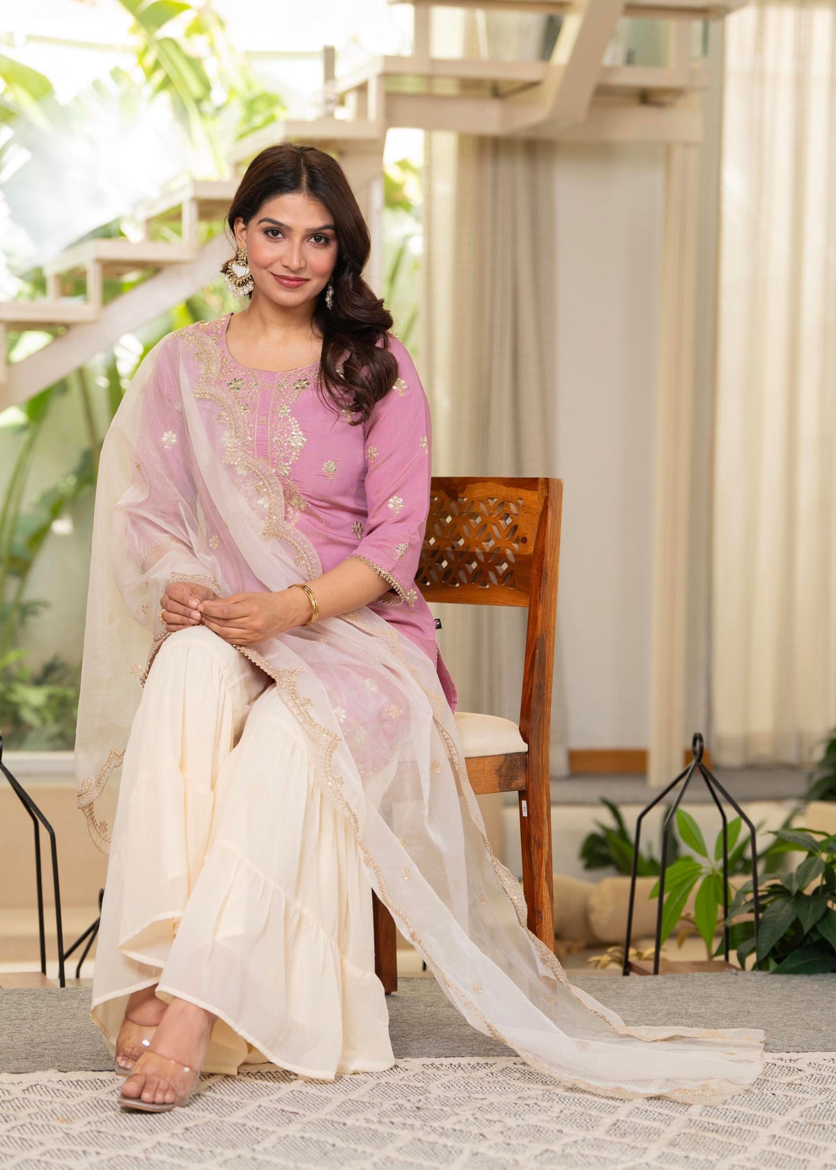 Juniper Pastel Pink Embroidered Kurta Set With Ivory Sharara And Dupatta | Grocsy