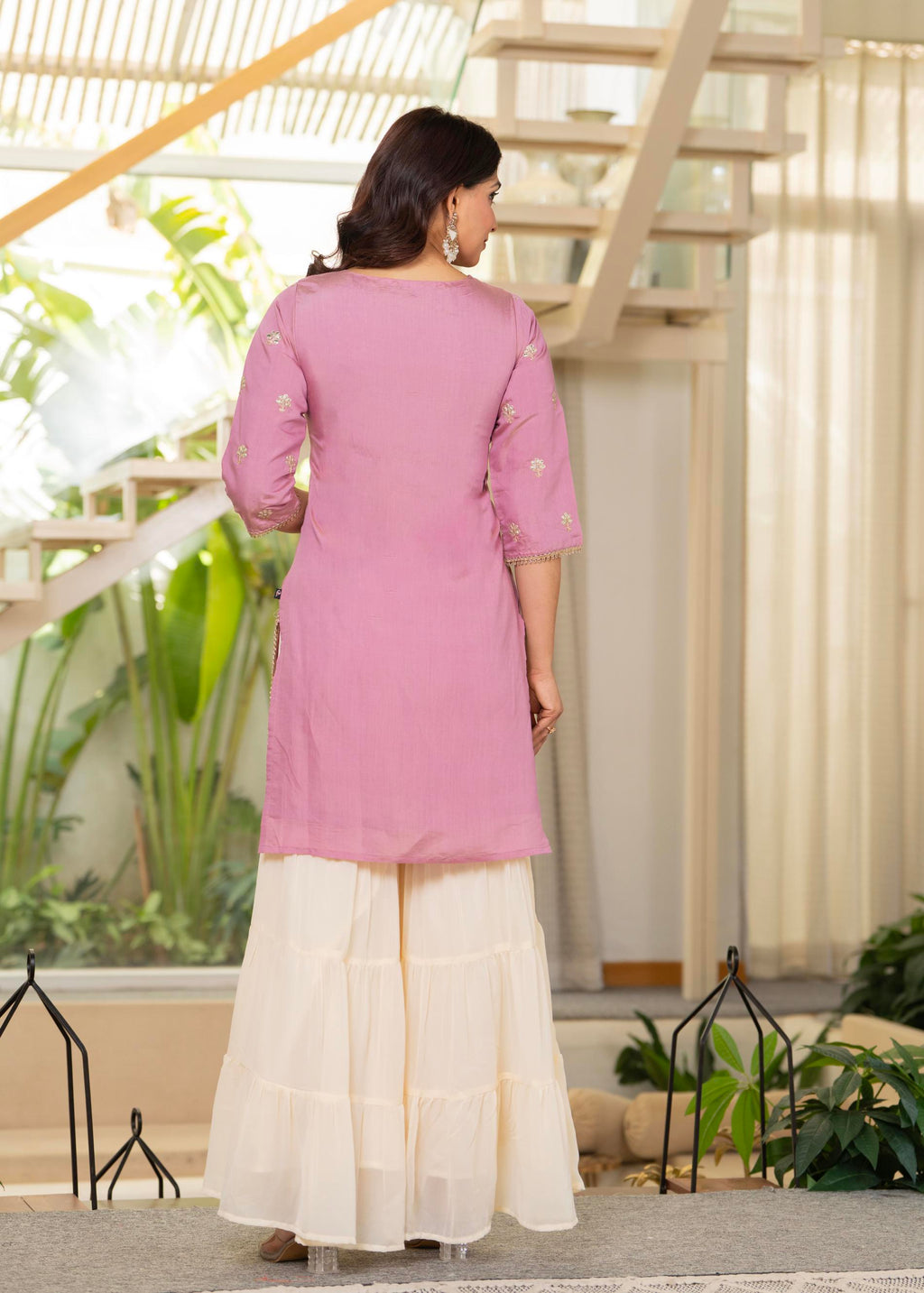 Juniper Pastel Pink Embroidered Kurta Set With Ivory Sharara And Dupatta | Grocsy