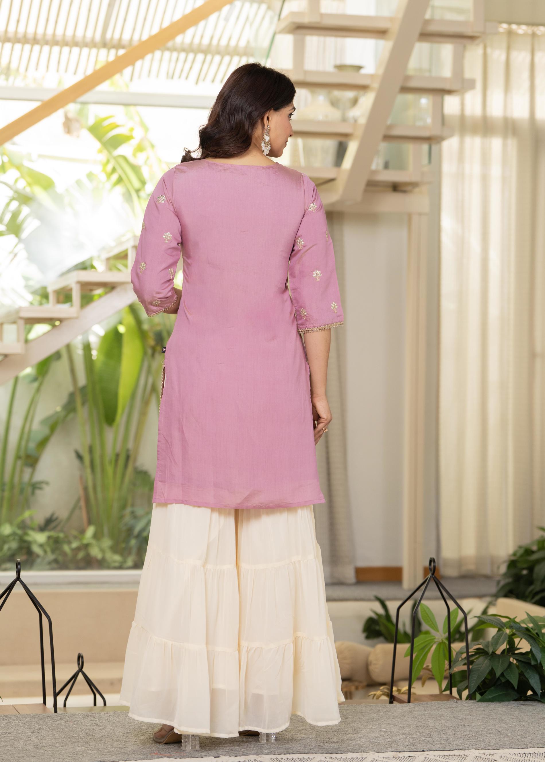 Juniper Pastel Pink Embroidered Kurta Set With Ivory Sharara And Dupatta | Grocsy