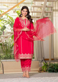 Juniper Viscose Fuchsia Embroidered Kurta Pant And Dupatta Set With Zari Work And Sequin | Grocsy