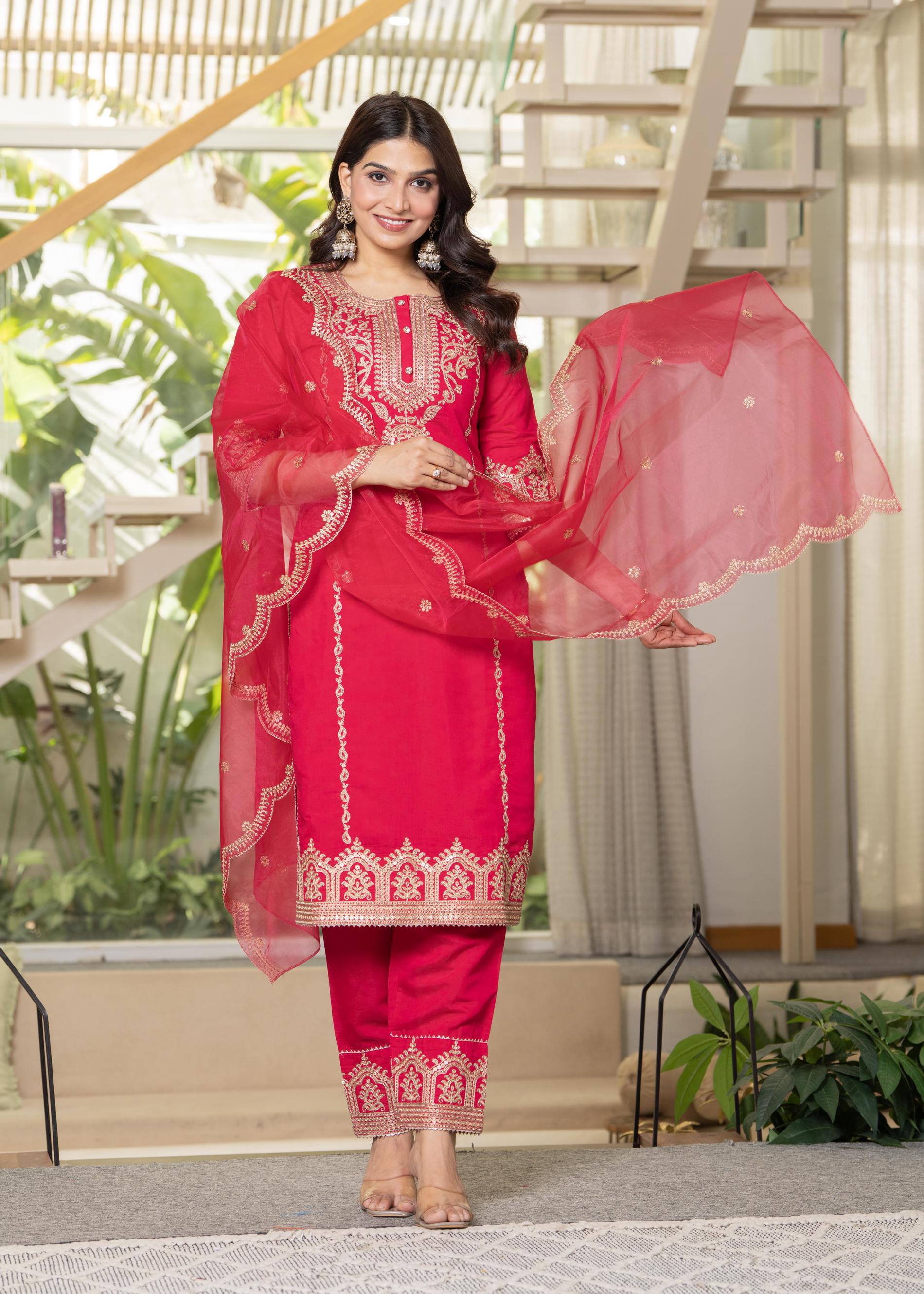 Juniper Viscose Fuchsia Embroidered Kurta Pant And Dupatta Set With Zari Work And Sequin | Grocsy