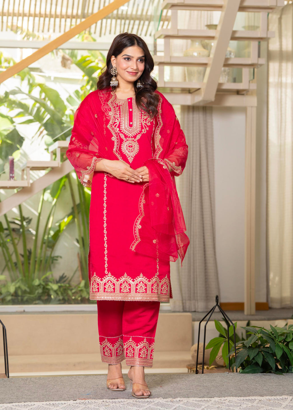 Juniper Viscose Fuchsia Embroidered Kurta Pant And Dupatta Set With Zari Work And Sequin | Grocsy
