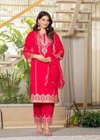 Juniper Viscose Fuchsia Embroidered Kurta Pant And Dupatta Set With Zari Work And Sequin | Grocsy