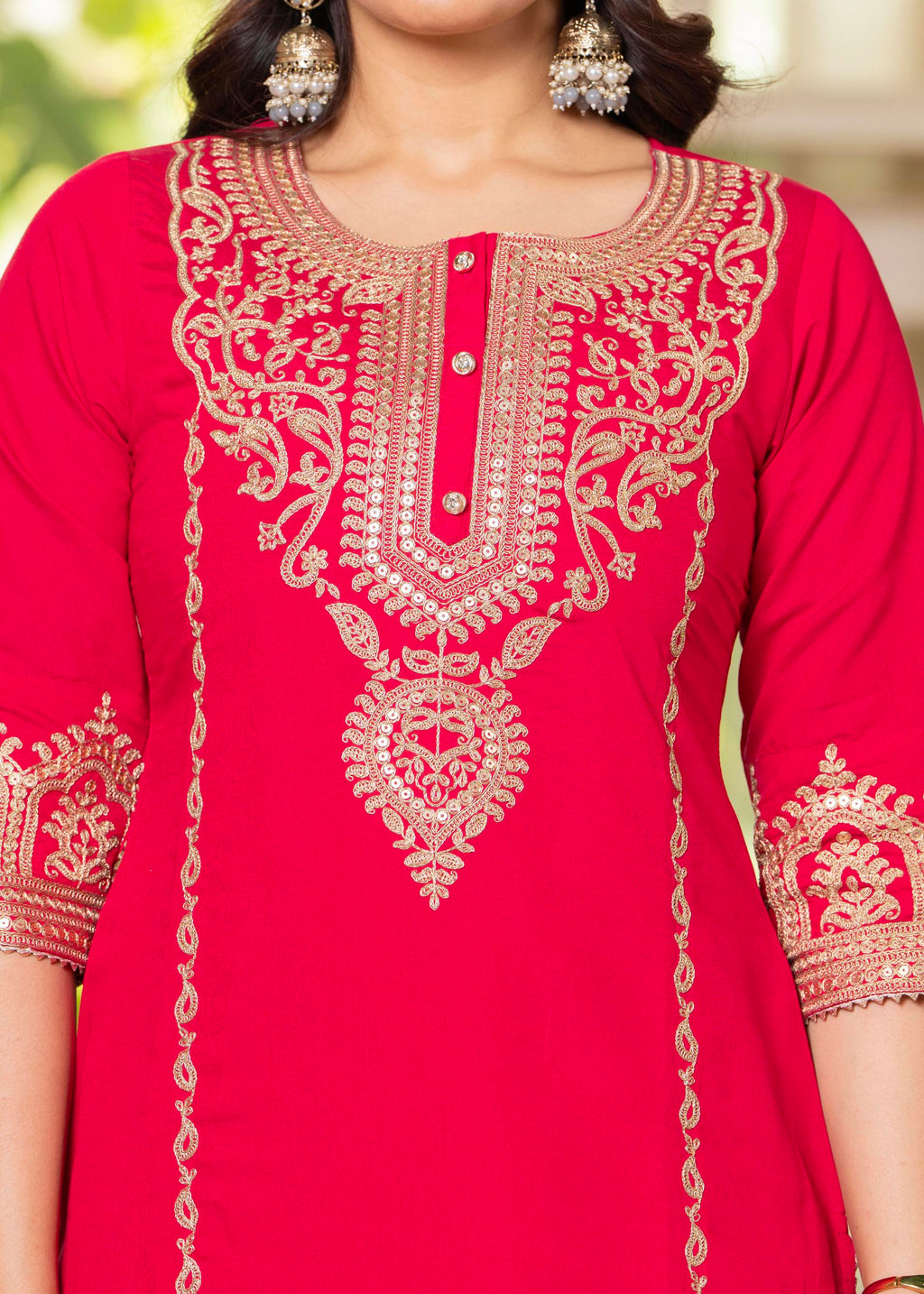 Juniper Viscose Fuchsia Embroidered Kurta Pant And Dupatta Set With Zari Work And Sequin | Grocsy