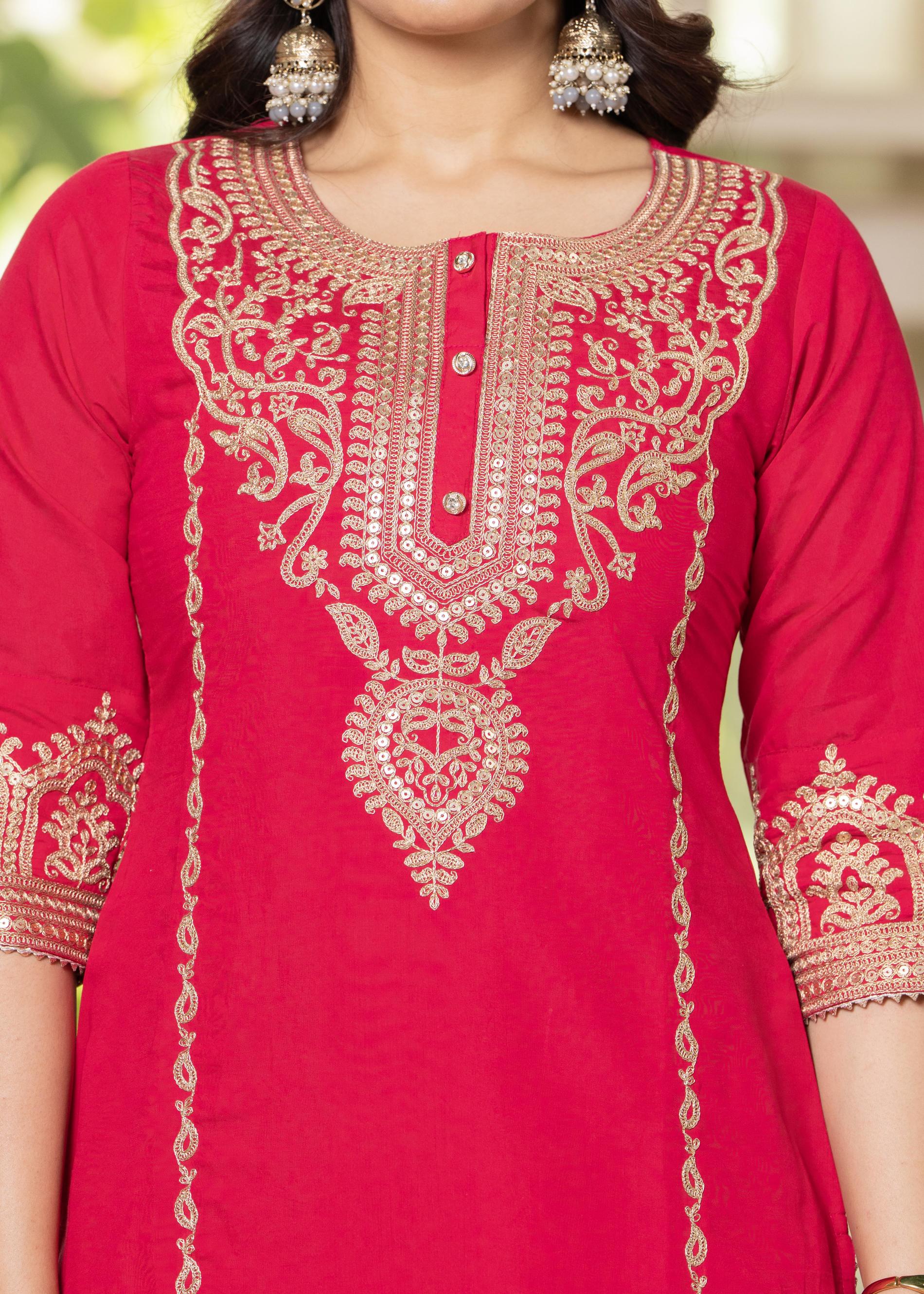 Juniper Viscose Fuchsia Embroidered Kurta Pant And Dupatta Set With Zari Work And Sequin | Grocsy