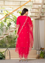 Juniper Viscose Fuchsia Embroidered Kurta Pant And Dupatta Set With Zari Work And Sequin | Grocsy