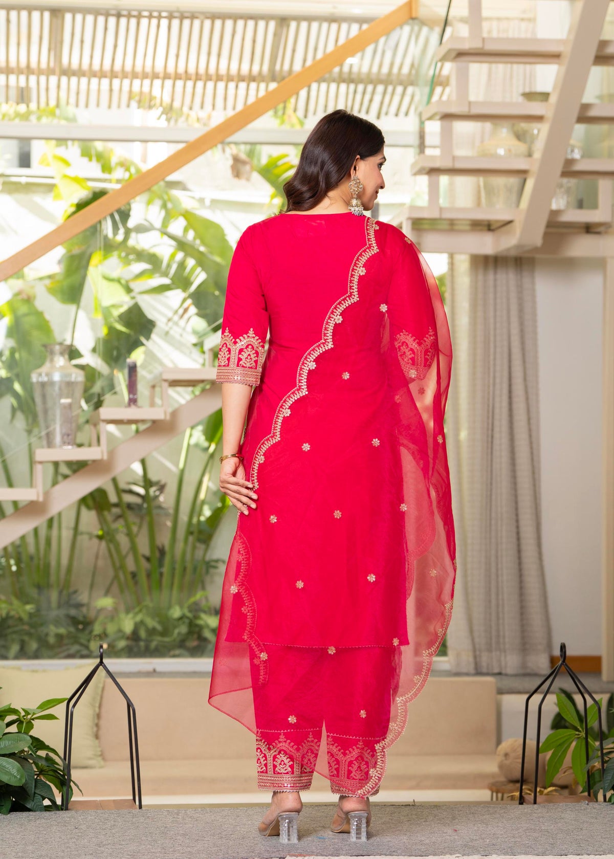 Juniper Viscose Fuchsia Embroidered Kurta Pant And Dupatta Set With Zari Work And Sequin | Grocsy