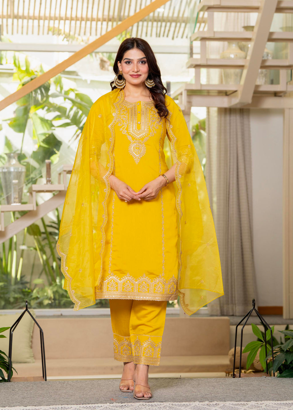 Juniper Viscose Mustard Embroidered Kurta Pant And Dupatta Set With Zari Work And Sequin | Grocsy