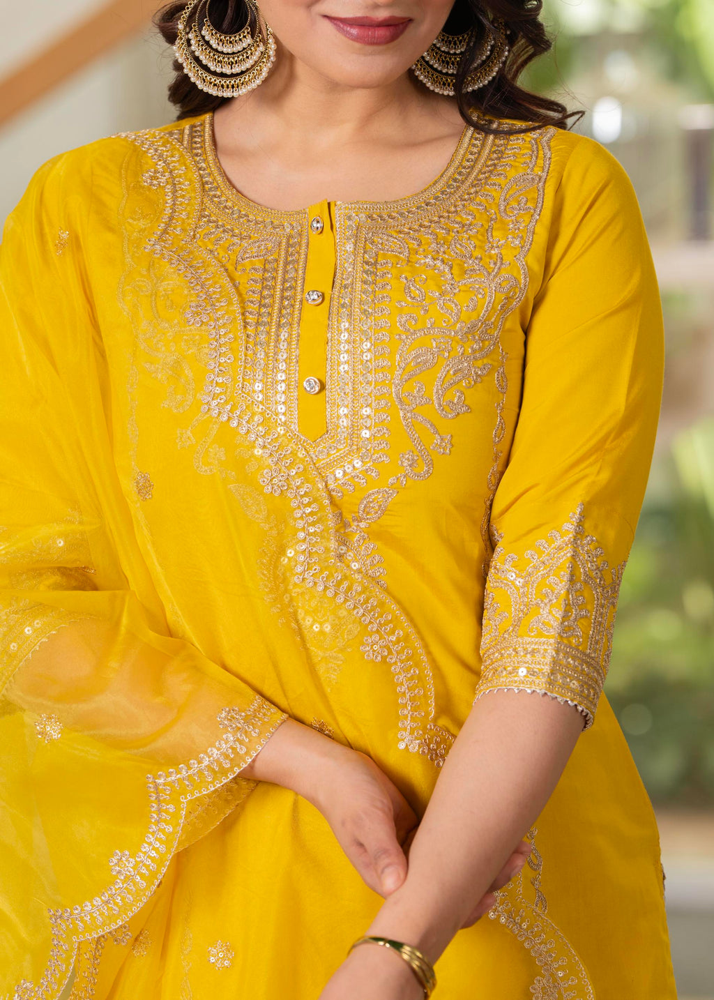 Juniper Viscose Mustard Embroidered Kurta Pant And Dupatta Set With Zari Work And Sequin | Grocsy