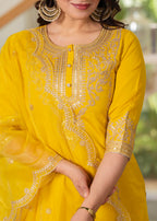 Juniper Viscose Mustard Embroidered Kurta Pant And Dupatta Set With Zari Work And Sequin | Grocsy