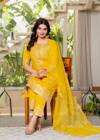 Juniper Viscose Mustard Embroidered Kurta Pant And Dupatta Set With Zari Work And Sequin | Grocsy