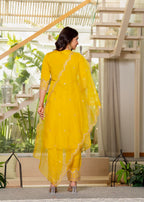 Juniper Viscose Mustard Embroidered Kurta Pant And Dupatta Set With Zari Work And Sequin | Grocsy