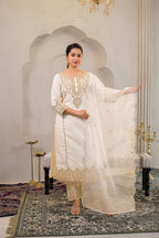 Juniper Viscose Off White Embroidered Kurta Pant And Dupatta Set With Zari Work And Sequin | Grocsy