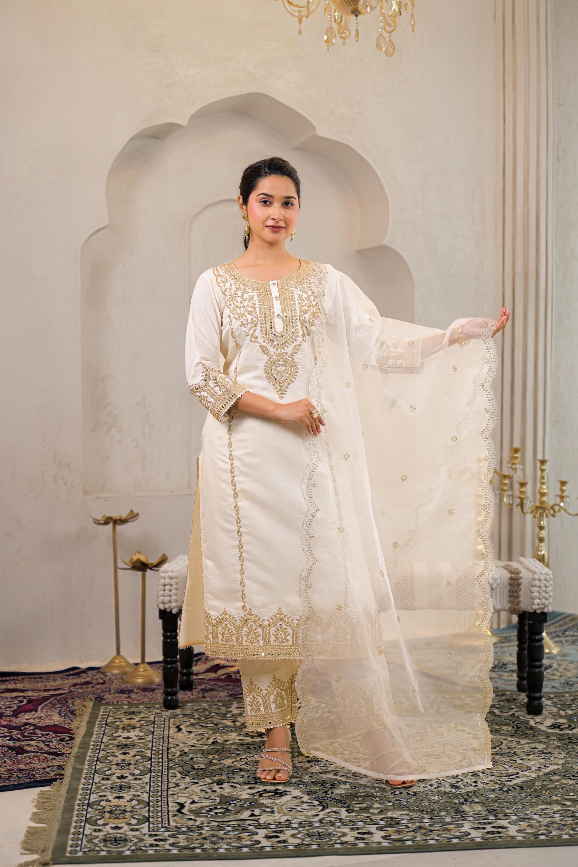 Juniper Viscose Off White Embroidered Kurta Pant And Dupatta Set With Zari Work And Sequin | Grocsy