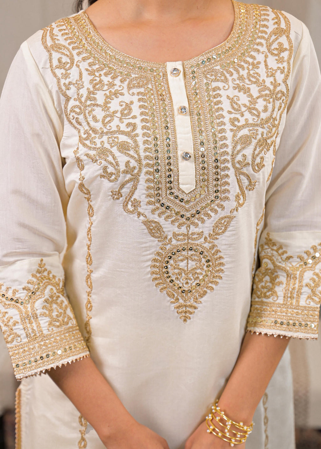 Juniper Viscose Off White Embroidered Kurta Pant And Dupatta Set With Zari Work And Sequin | Grocsy