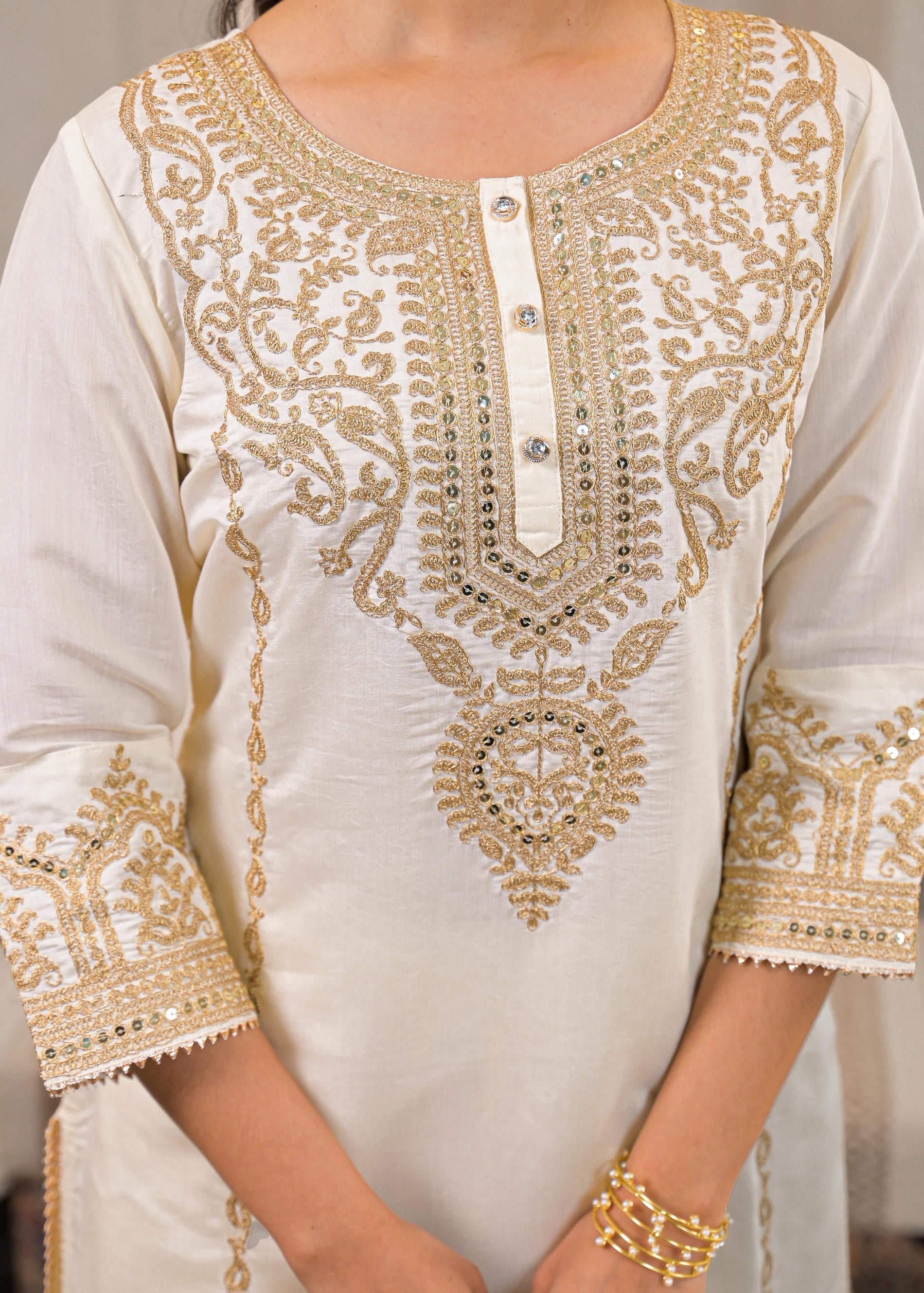 Juniper Viscose Off White Embroidered Kurta Pant And Dupatta Set With Zari Work And Sequin | Grocsy
