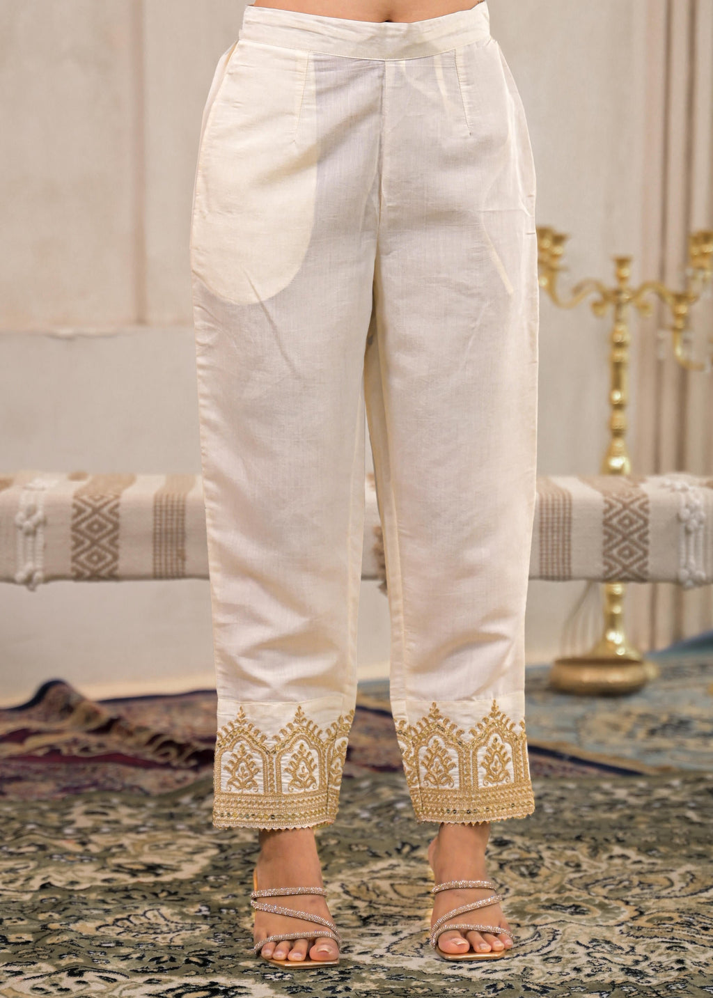 Juniper Viscose Off White Embroidered Kurta Pant And Dupatta Set With Zari Work And Sequin | Grocsy