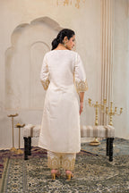 Juniper Viscose Off White Embroidered Kurta Pant And Dupatta Set With Zari Work And Sequin | Grocsy