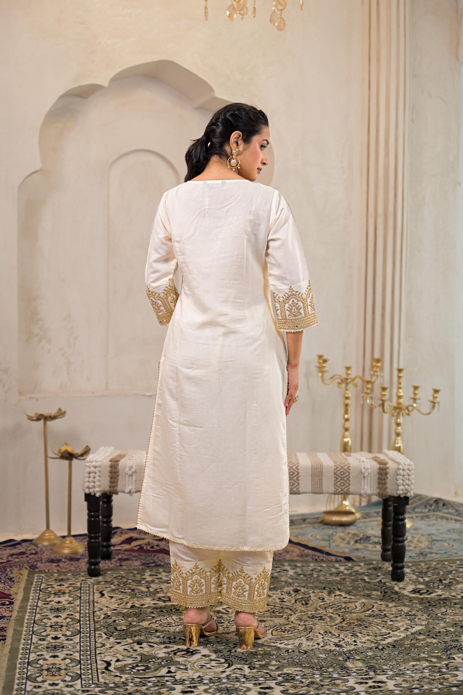 Juniper Viscose Off White Embroidered Kurta Pant And Dupatta Set With Zari Work And Sequin | Grocsy