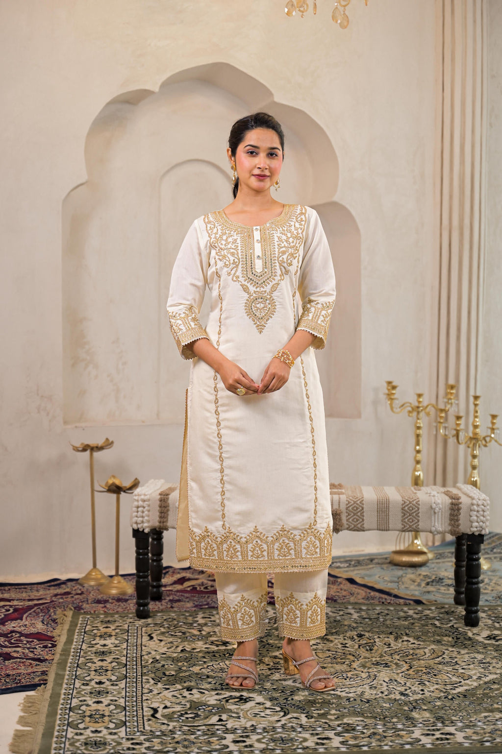 Juniper Viscose Off White Embroidered Kurta Pant And Dupatta Set With Zari Work And Sequin | Grocsy