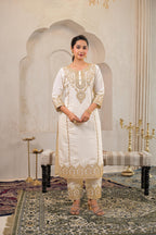 Juniper Viscose Off White Embroidered Kurta Pant And Dupatta Set With Zari Work And Sequin | Grocsy