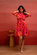 Juniper Man Made Fiber Fuchsia Floral Printed Short Dress With Belt | Grocsy