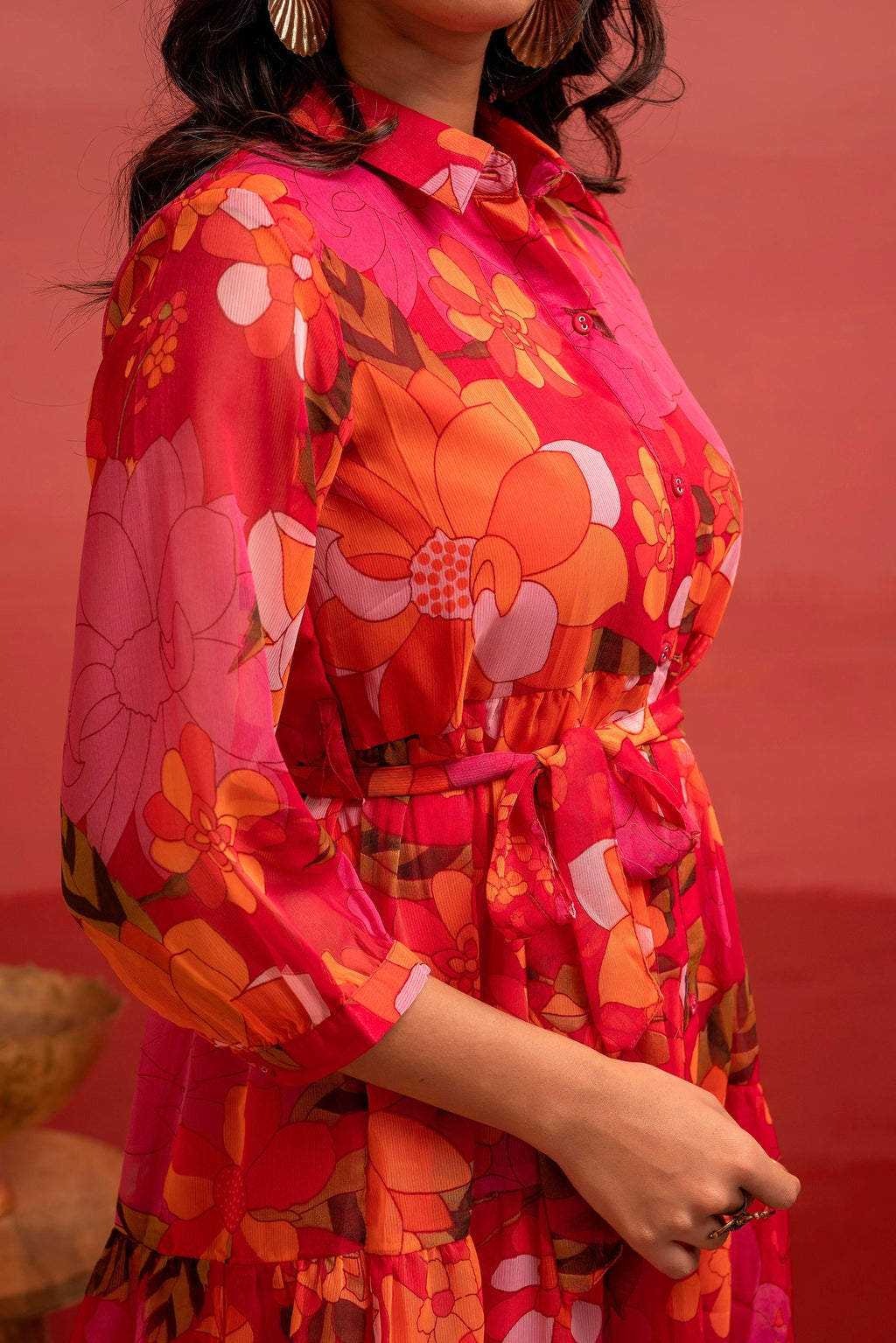 Juniper Man Made Fiber Fuchsia Floral Printed Short Dress With Belt | Grocsy