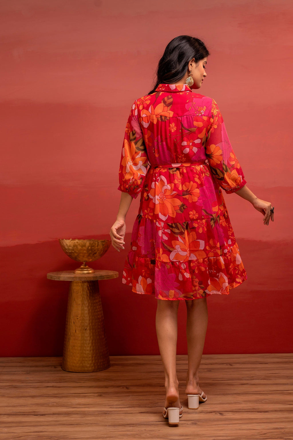 Juniper Man Made Fiber Fuchsia Floral Printed Short Dress With Belt | Grocsy