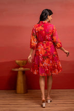 Juniper Man Made Fiber Fuchsia Floral Printed Short Dress With Belt | Grocsy