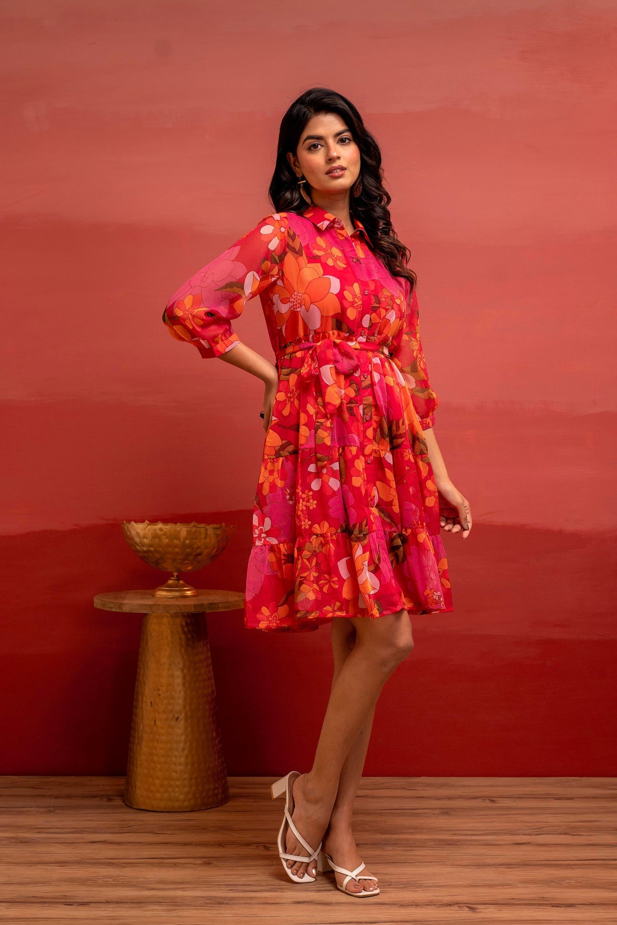 Juniper Man Made Fiber Fuchsia Floral Printed Short Dress With Belt | Grocsy