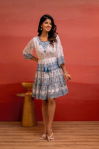 Juniper White Floral Printed Man-Made Fiber Short Dress With Thread Work, Sequence, And Slip-On Style | Grocsy