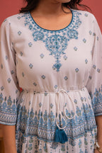 Juniper White Floral Printed Man-Made Fiber Short Dress With Thread Work, Sequence, And Slip-On Style | Grocsy
