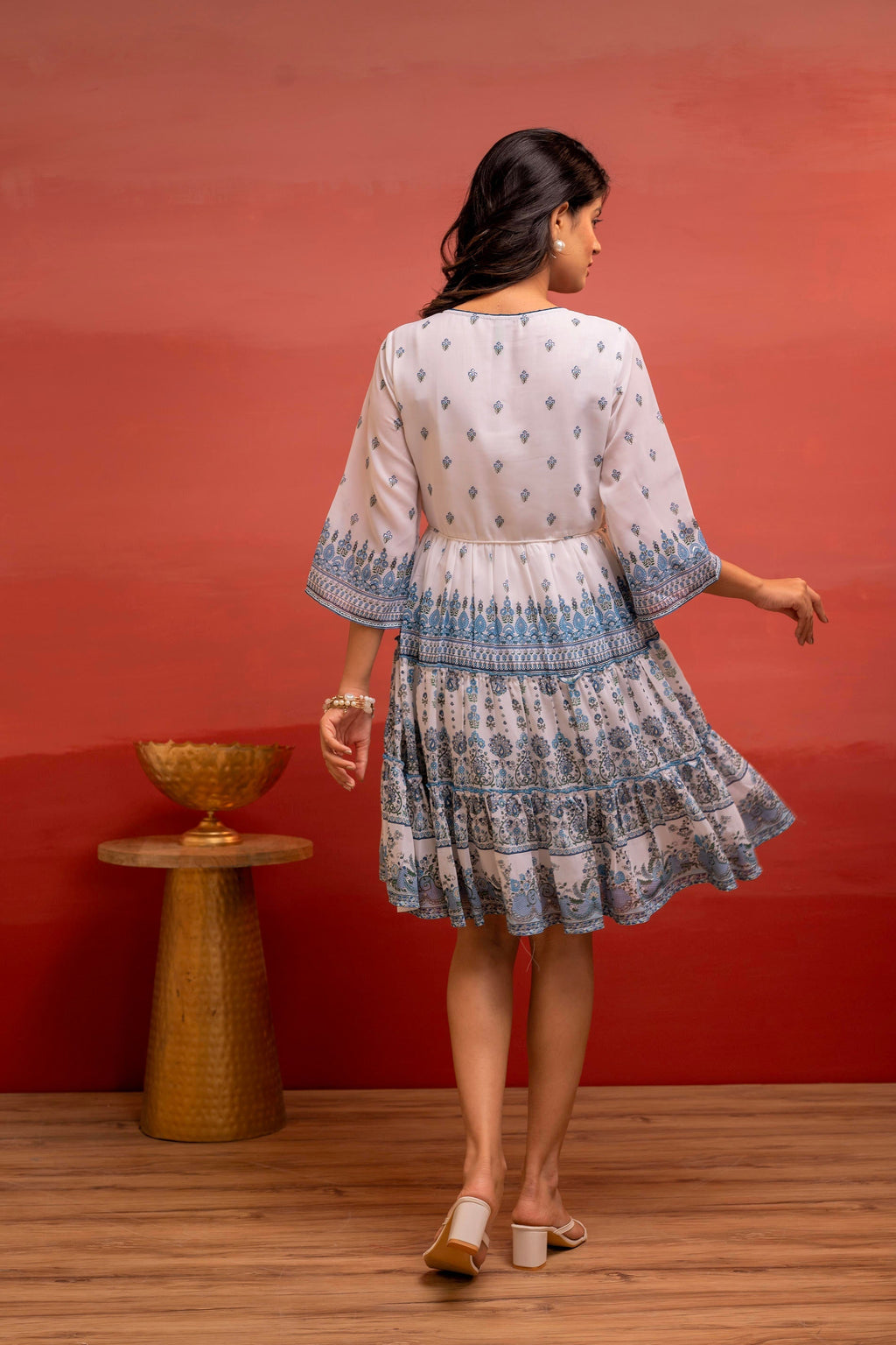 Juniper White Floral Printed Man-Made Fiber Short Dress With Thread Work, Sequence, And Slip-On Style | Grocsy