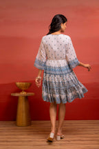 Juniper White Floral Printed Man-Made Fiber Short Dress With Thread Work, Sequence, And Slip-On Style | Grocsy